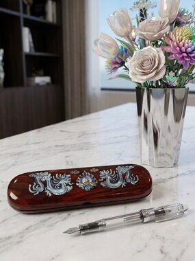Vintage KoreanLacquered Wood  Mother of Pearl Dragon Pen Case